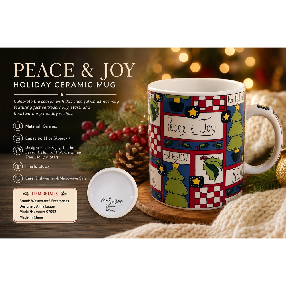Alma Lynne Westwater Christmas Mug Peace Joy Ho Ho Ho Patchwork Ceramic Cup